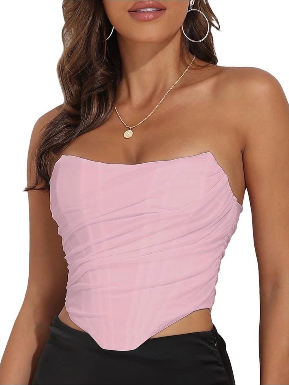 Strapless Pink Ruched Mesh Bustier Corset Top